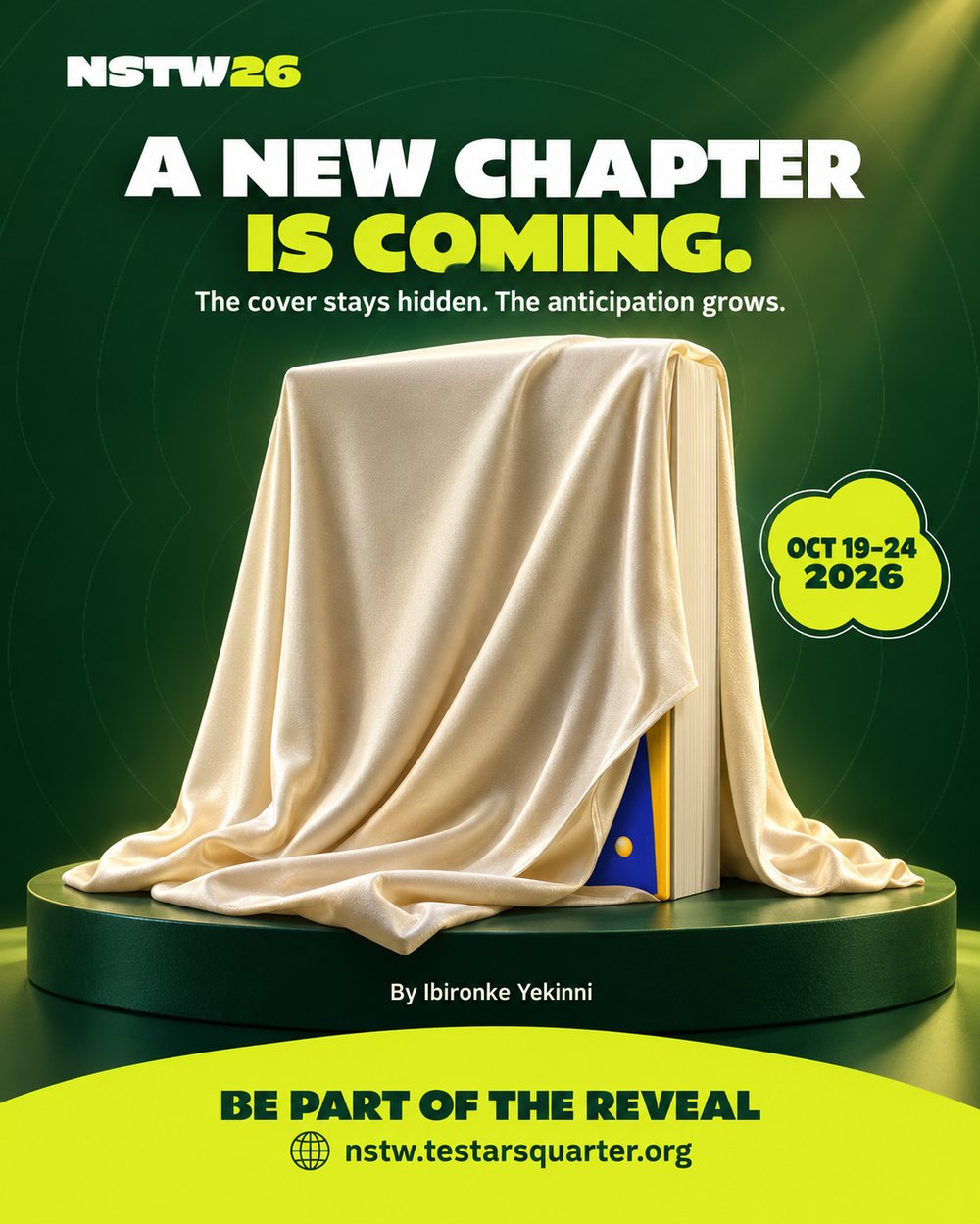 NSTW 2026 book reveal teaser: a covered book on a pedestal, cover hidden, anticipation growing, October 19-24 2026, by Ibironke Yekinni
