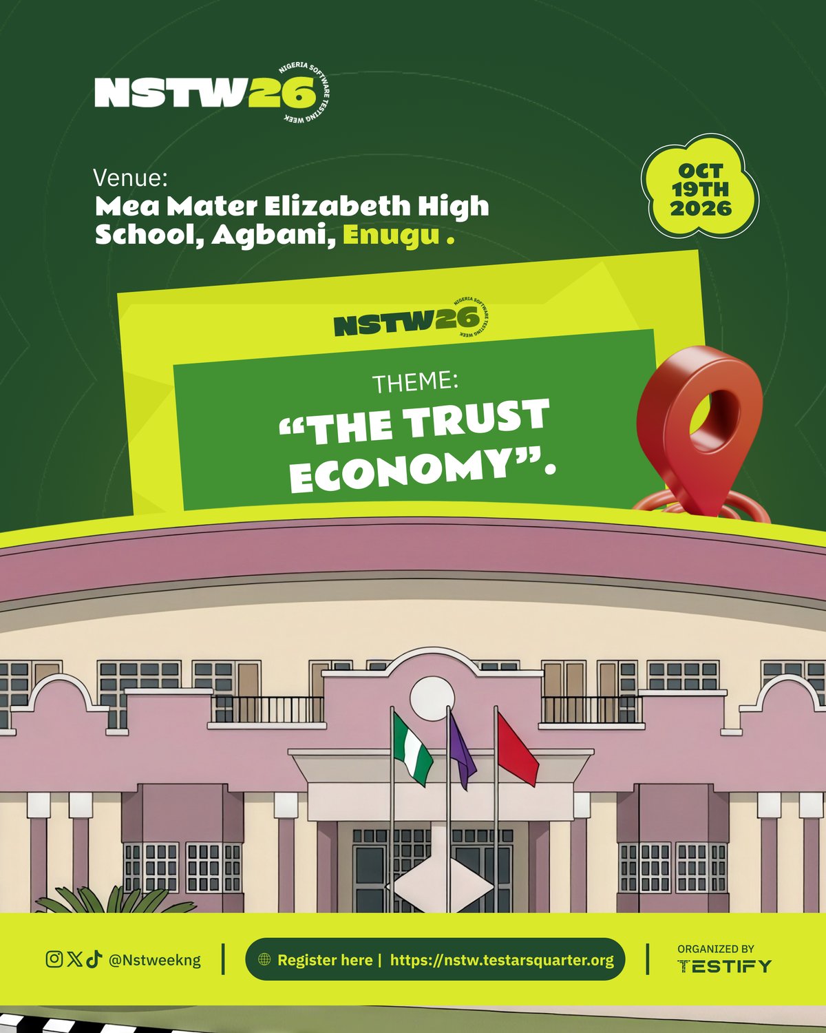 NSTW 2026 Day 1 venue announcement: Mea Mater Elizabeth High School, Agbani, Enugu, October 19th 2026, theme The Trust Economy
